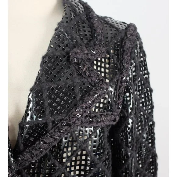 Chanel Brasserie 15K jacket coat 48 / 16 faux leather PVC perforated tweed black